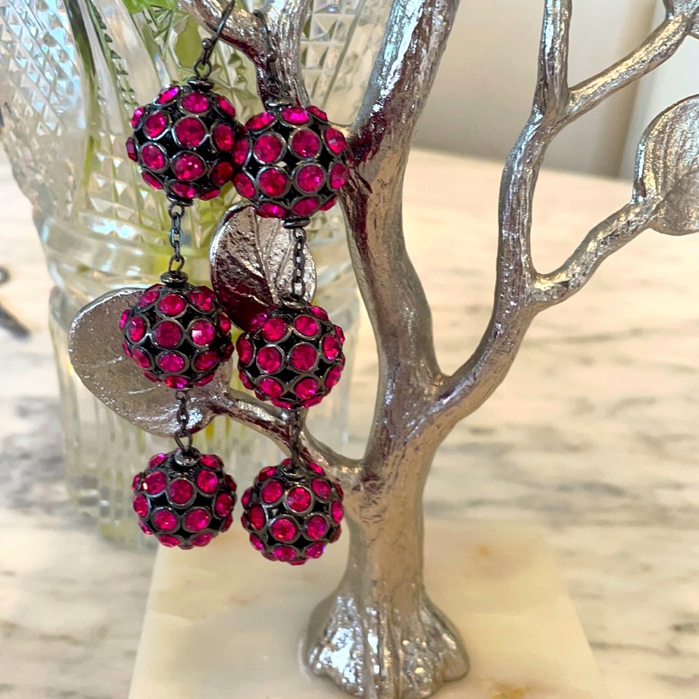 Hematite Ball Drop Earrings with Fuchsia Crystals